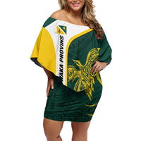 Personalised PNG Jiwaka Province Family Matching Off Shoulder Short Dress and Hawaiian Shirt Bird of Paradise Tattoo Flag Motif LT9 Mom's Dress Green - Polynesian Pride
