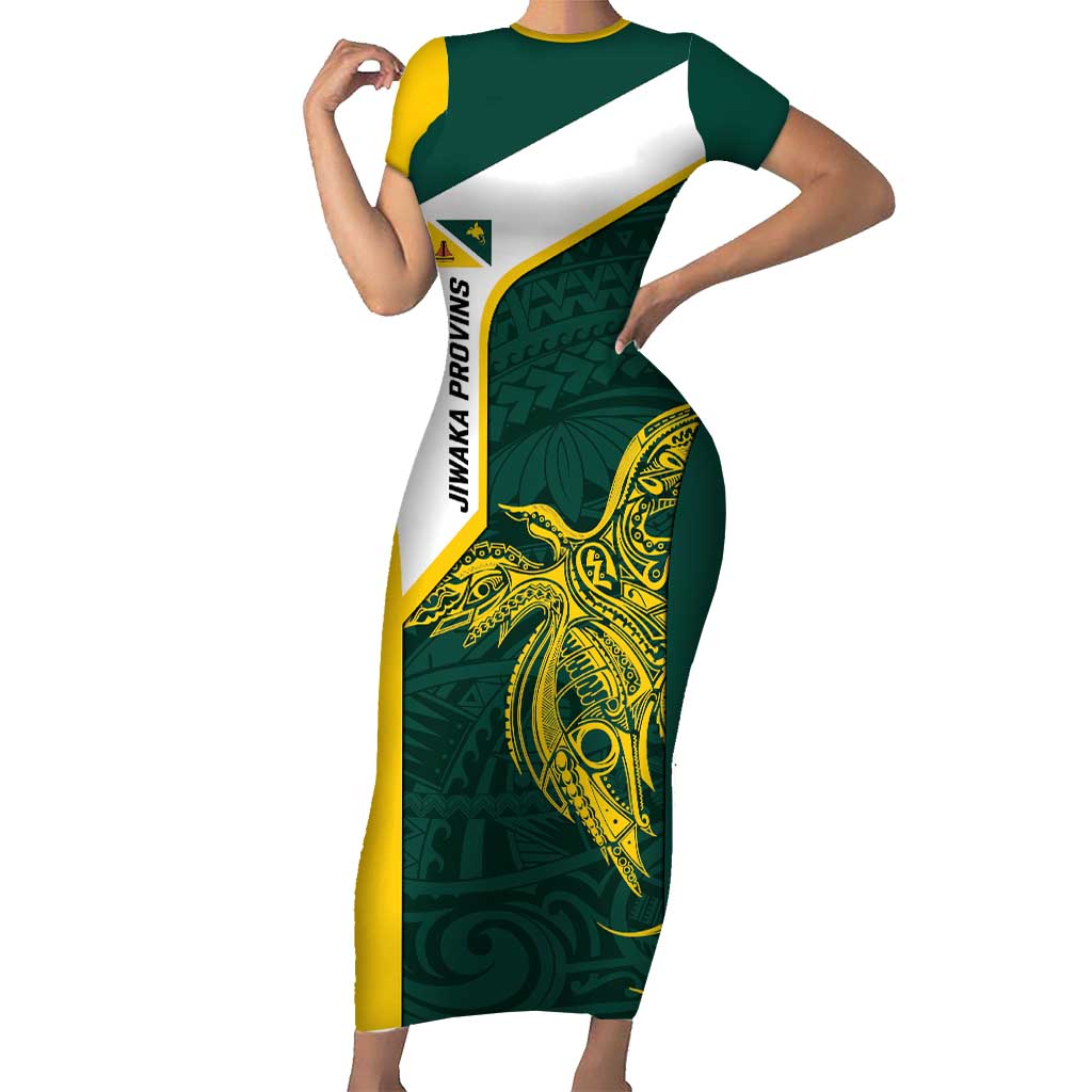 Personalised PNG Jiwaka Province Family Matching Short Sleeve Bodycon Dress and Hawaiian Shirt Bird of Paradise Tattoo Flag Motif LT9 Mom's Dress Green - Polynesian Pride