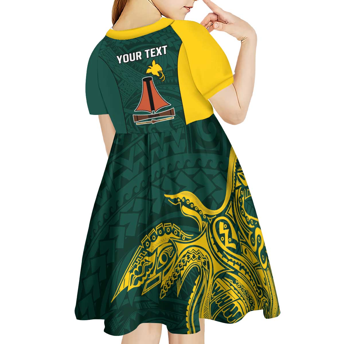 Personalised PNG Jiwaka Province Kid Short Sleeve Dress Bird of Paradise Tattoo Flag Motif LT9 - Polynesian Pride