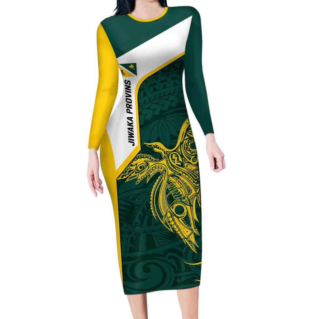 Personalised PNG Jiwaka Province Long Sleeve Bodycon Dress Bird of Paradise Tattoo Flag Motif LT9 Long Dress Green - Polynesian Pride