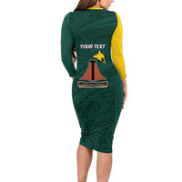 Personalised PNG Jiwaka Province Long Sleeve Bodycon Dress Bird of Paradise Tattoo Flag Motif LT9 - Polynesian Pride