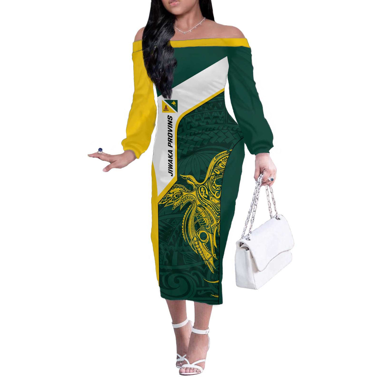 Personalised PNG Jiwaka Province Off The Shoulder Long Sleeve Dress Bird of Paradise Tattoo Flag Motif LT9 Women Green - Polynesian Pride