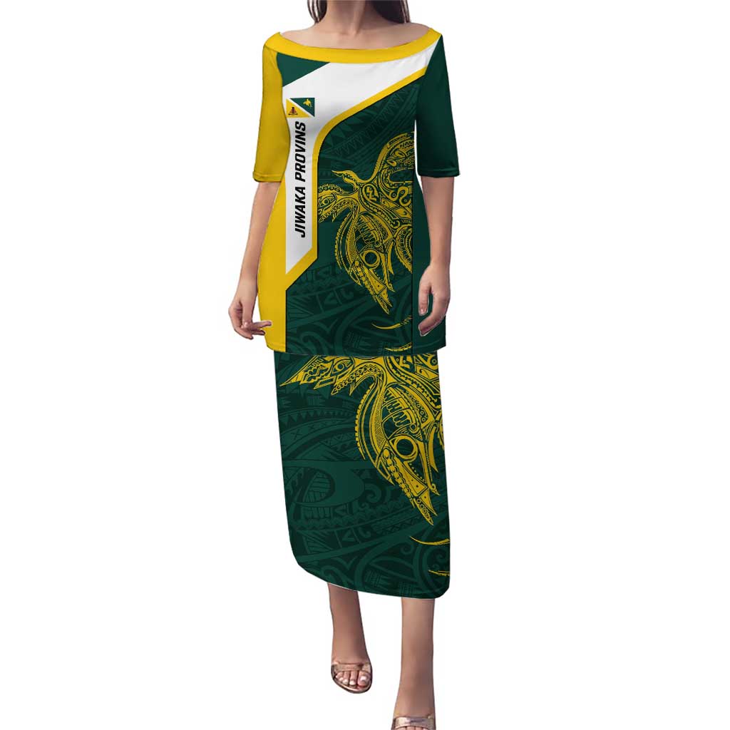Personalised PNG Jiwaka Province Puletasi Bird of Paradise Tattoo Flag Motif LT9 Long Dress Green - Polynesian Pride