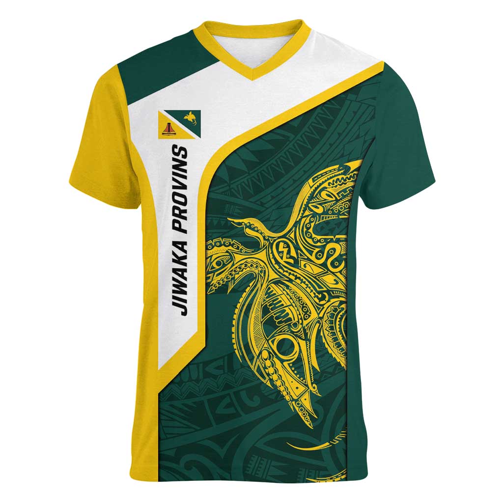 Personalised PNG Jiwaka Province Women V-Neck T-Shirt Bird of Paradise Tattoo Flag Motif - Polynesian Pride