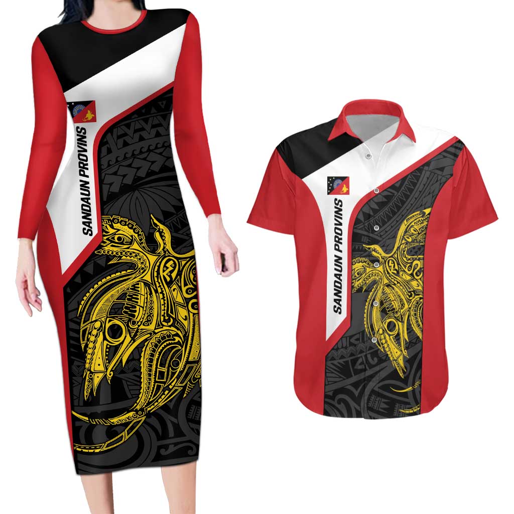 Personalised PNG Sandaun Province Couples Matching Long Sleeve Bodycon Dress and Hawaiian Shirt Bird of Paradise Tattoo Flag Motif LT9 Red - Polynesian Pride
