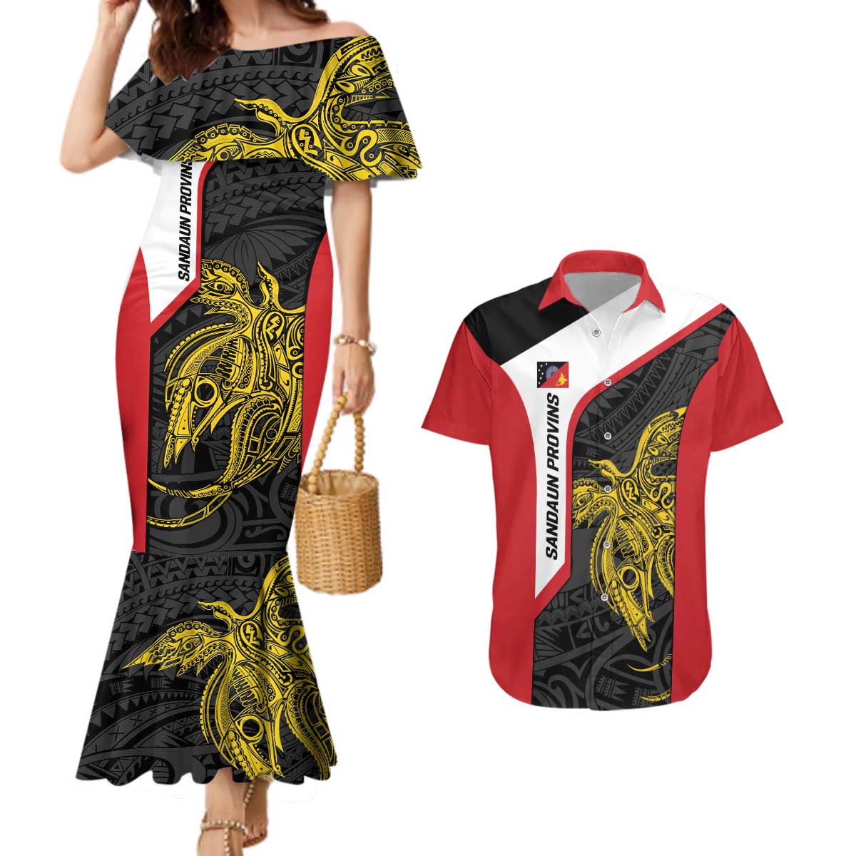 Personalised PNG Sandaun Province Couples Matching Mermaid Dress and Hawaiian Shirt Bird of Paradise Tattoo Flag Motif LT9 Red - Polynesian Pride