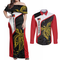 Personalised PNG Sandaun Province Couples Matching Off Shoulder Maxi Dress and Long Sleeve Button Shirt Bird of Paradise Tattoo Flag Motif LT9 Red - Polynesian Pride