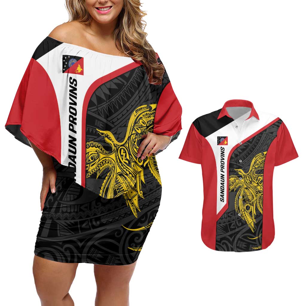 Personalised PNG Sandaun Province Couples Matching Off Shoulder Short Dress and Hawaiian Shirt Bird of Paradise Tattoo Flag Motif LT9 Red - Polynesian Pride