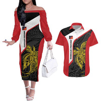 Personalised PNG Sandaun Province Couples Matching Off The Shoulder Long Sleeve Dress and Hawaiian Shirt Bird of Paradise Tattoo Flag Motif LT9 Red - Polynesian Pride