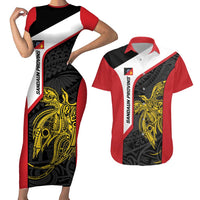 Personalised PNG Sandaun Province Couples Matching Short Sleeve Bodycon Dress and Hawaiian Shirt Bird of Paradise Tattoo Flag Motif LT9 Red - Polynesian Pride