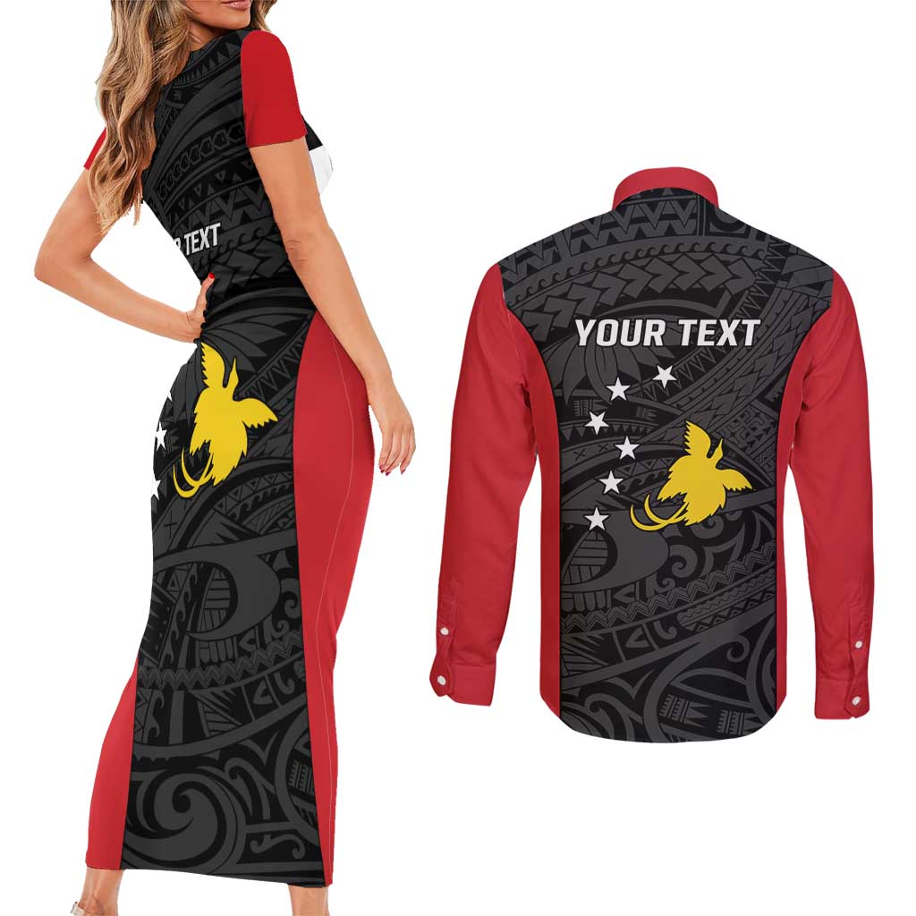Personalised PNG Sandaun Province Couples Matching Short Sleeve Bodycon Dress and Long Sleeve Button Shirt Bird of Paradise Tattoo Flag Motif LT9 - Polynesian Pride