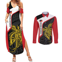 Personalised PNG Sandaun Province Couples Matching Summer Maxi Dress and Long Sleeve Button Shirt Bird of Paradise Tattoo Flag Motif LT9 Red - Polynesian Pride