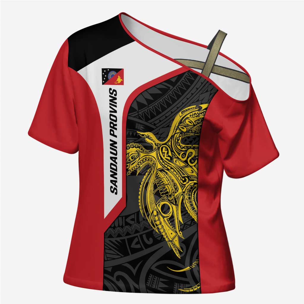 Personalised PNG Sandaun Province Cross Shoulder Shirt Bird of Paradise Tattoo Flag Motif LT9 Female Red - Polynesian Pride