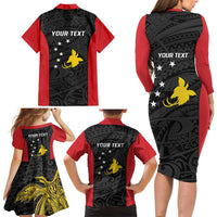 Personalised PNG Sandaun Province Family Matching Long Sleeve Bodycon Dress and Hawaiian Shirt Bird of Paradise Tattoo Flag Motif LT9 - Polynesian Pride
