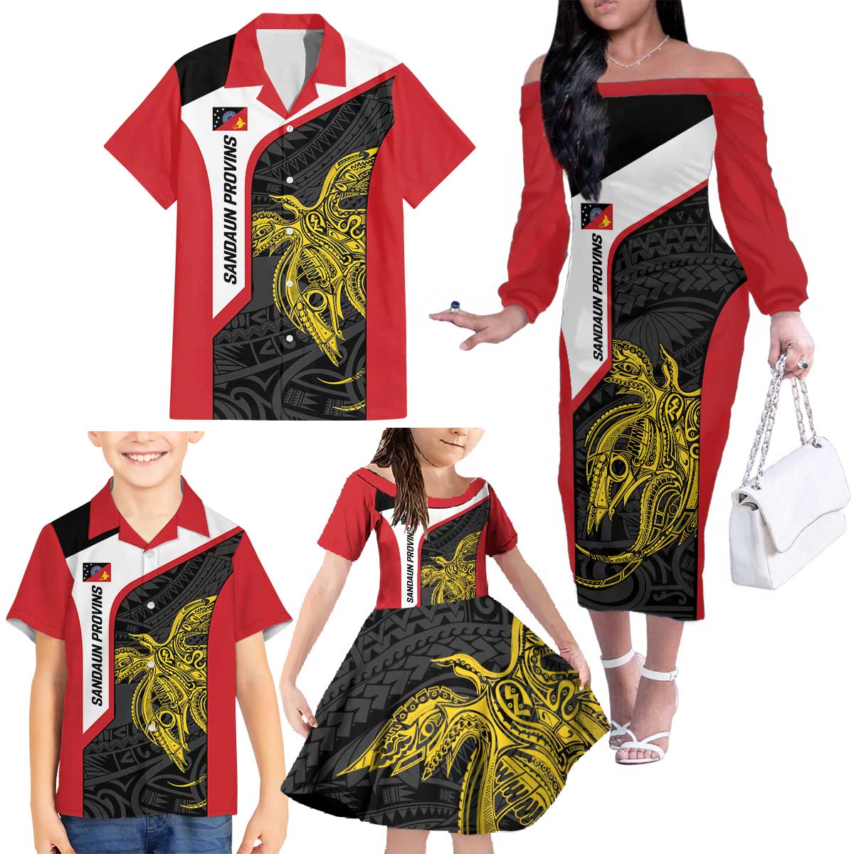 Personalised PNG Sandaun Province Family Matching Off The Shoulder Long Sleeve Dress and Hawaiian Shirt Bird of Paradise Tattoo Flag Motif LT9 - Polynesian Pride