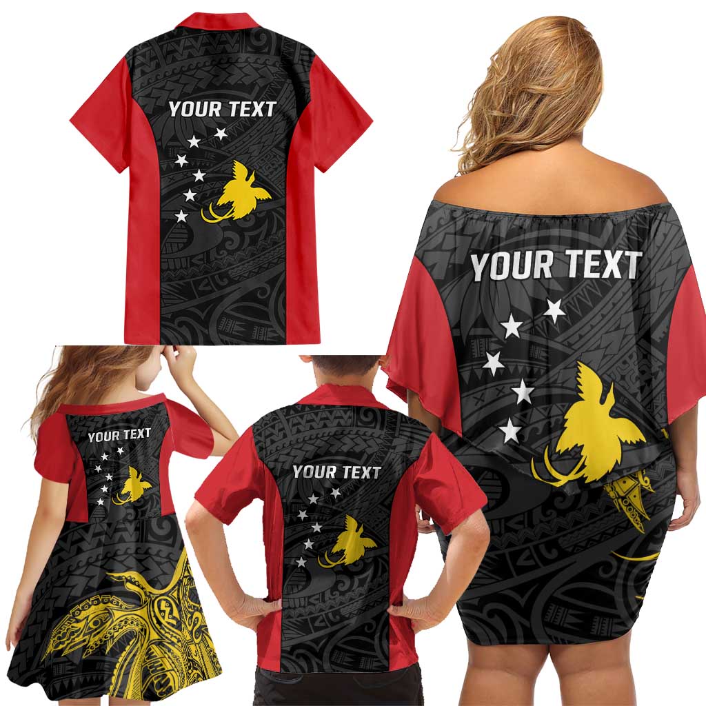 Personalised PNG Sandaun Province Family Matching Off Shoulder Short Dress and Hawaiian Shirt Bird of Paradise Tattoo Flag Motif LT9 - Polynesian Pride