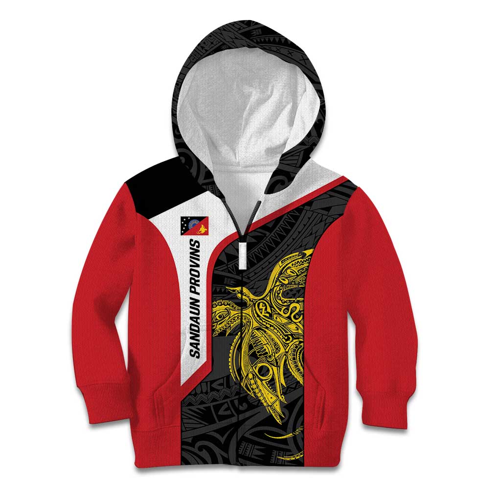 Personalised PNG Sandaun Province Kid Hoodie Bird of Paradise Tattoo Flag Motif LT9 Zip Hoodie Red - Polynesian Pride