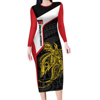Personalised PNG Sandaun Province Long Sleeve Bodycon Dress Bird of Paradise Tattoo Flag Motif LT9 Long Dress Red - Polynesian Pride