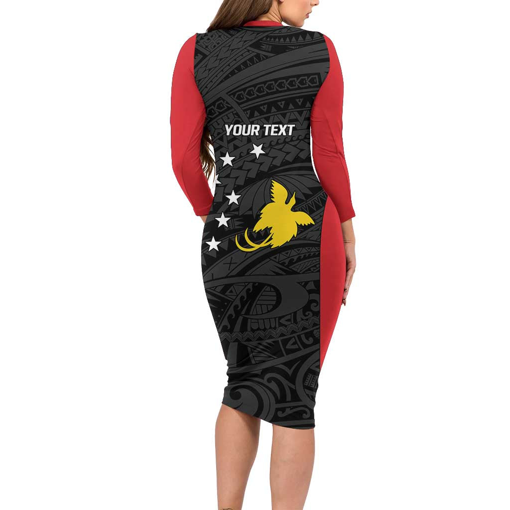 Personalised PNG Sandaun Province Long Sleeve Bodycon Dress Bird of Paradise Tattoo Flag Motif LT9 - Polynesian Pride
