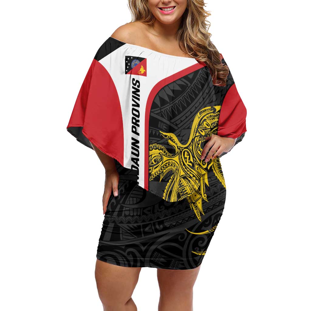Personalised PNG Sandaun Province Off Shoulder Short Dress Bird of Paradise Tattoo Flag Motif LT9 Women Red - Polynesian Pride