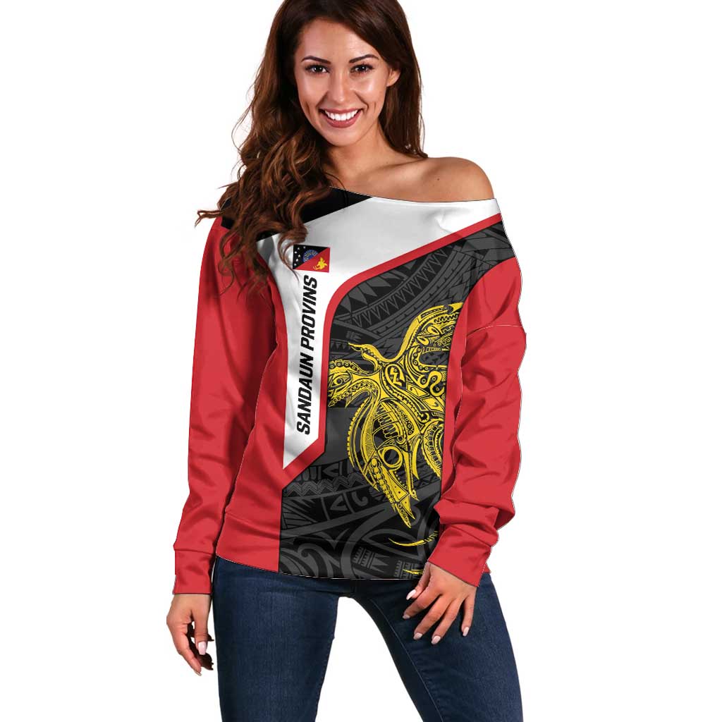Personalised PNG Sandaun Province Off Shoulder Sweater Bird of Paradise Tattoo Flag Motif - Polynesian Pride