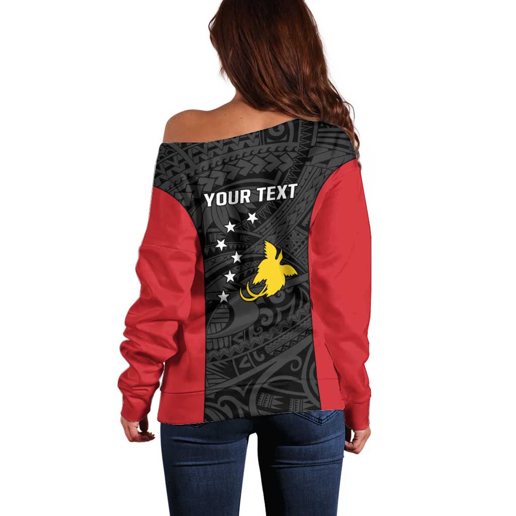 Personalised PNG Sandaun Province Off Shoulder Sweater Bird of Paradise Tattoo Flag Motif - Polynesian Pride