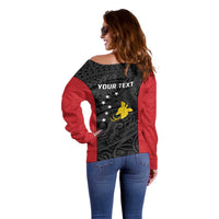 Personalised PNG Sandaun Province Off Shoulder Sweater Bird of Paradise Tattoo Flag Motif - Polynesian Pride