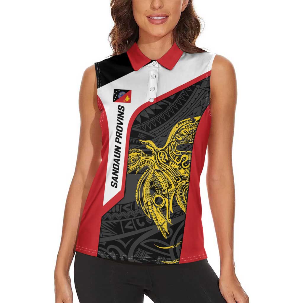 Personalised PNG Sandaun Province Women Sleeveless Polo Shirt Bird of Paradise Tattoo Flag Motif LT9 - Polynesian Pride