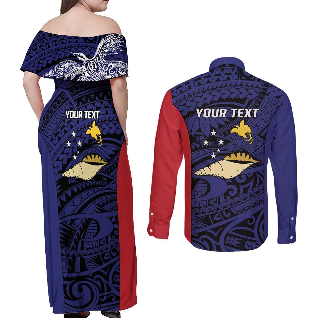 Personalised PNG West New Britain Province Couples Matching Off Shoulder Maxi Dress and Long Sleeve Button Shirt Bird of Paradise Tattoo Flag Motif LT9 - Polynesian Pride
