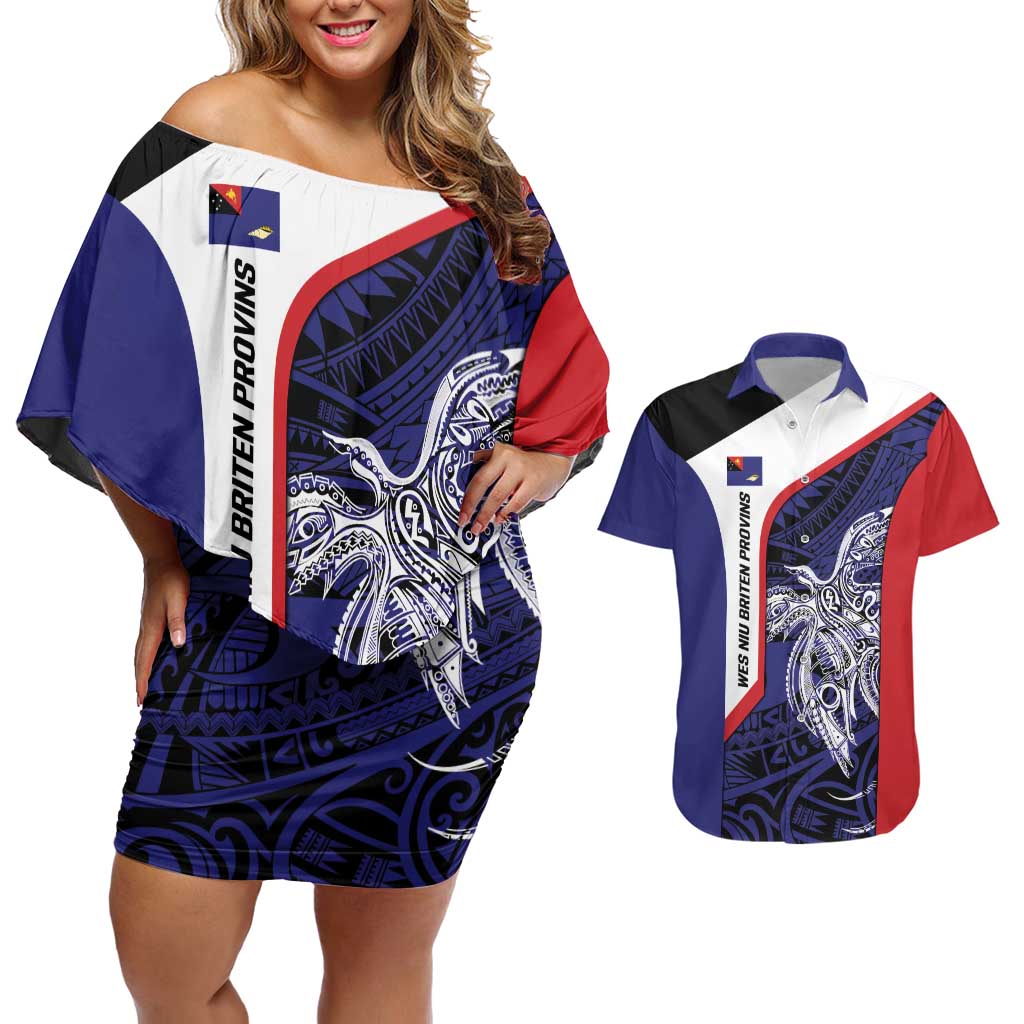 Personalised PNG West New Britain Province Couples Matching Off Shoulder Short Dress and Hawaiian Shirt Bird of Paradise Tattoo Flag Motif - Polynesian Pride