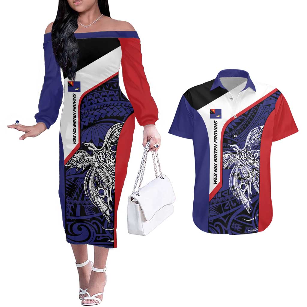 Personalised PNG West New Britain Province Couples Matching Off The Shoulder Long Sleeve Dress and Hawaiian Shirt Bird of Paradise Tattoo Flag Motif LT9 Blue - Polynesian Pride