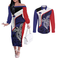 Personalised PNG West New Britain Province Couples Matching Off The Shoulder Long Sleeve Dress and Long Sleeve Button Shirt Bird of Paradise Tattoo Flag Motif LT9 Blue - Polynesian Pride