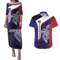 Personalised PNG West New Britain Province Couples Matching Puletasi and Hawaiian Shirt Bird of Paradise Tattoo Flag Motif LT9 Blue - Polynesian Pride