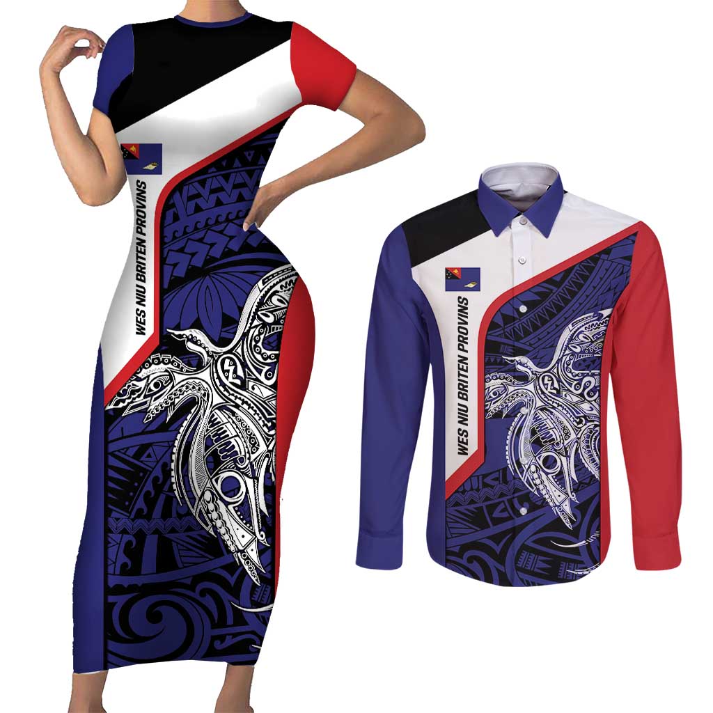 Personalised PNG West New Britain Province Couples Matching Short Sleeve Bodycon Dress and Long Sleeve Button Shirt Bird of Paradise Tattoo Flag Motif - Polynesian Pride