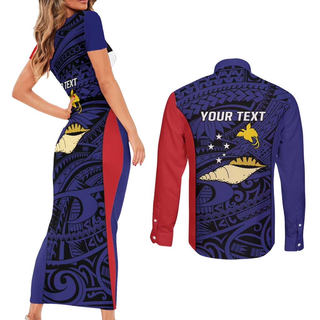 Personalised PNG West New Britain Province Couples Matching Short Sleeve Bodycon Dress and Long Sleeve Button Shirt Bird of Paradise Tattoo Flag Motif LT9 - Polynesian Pride