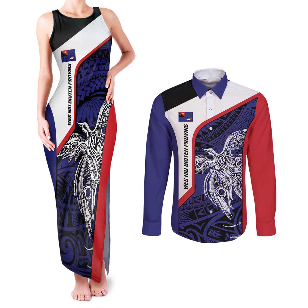 Personalised PNG West New Britain Province Couples Matching Tank Maxi Dress and Long Sleeve Button Shirt Bird of Paradise Tattoo Flag Motif - Polynesian Pride