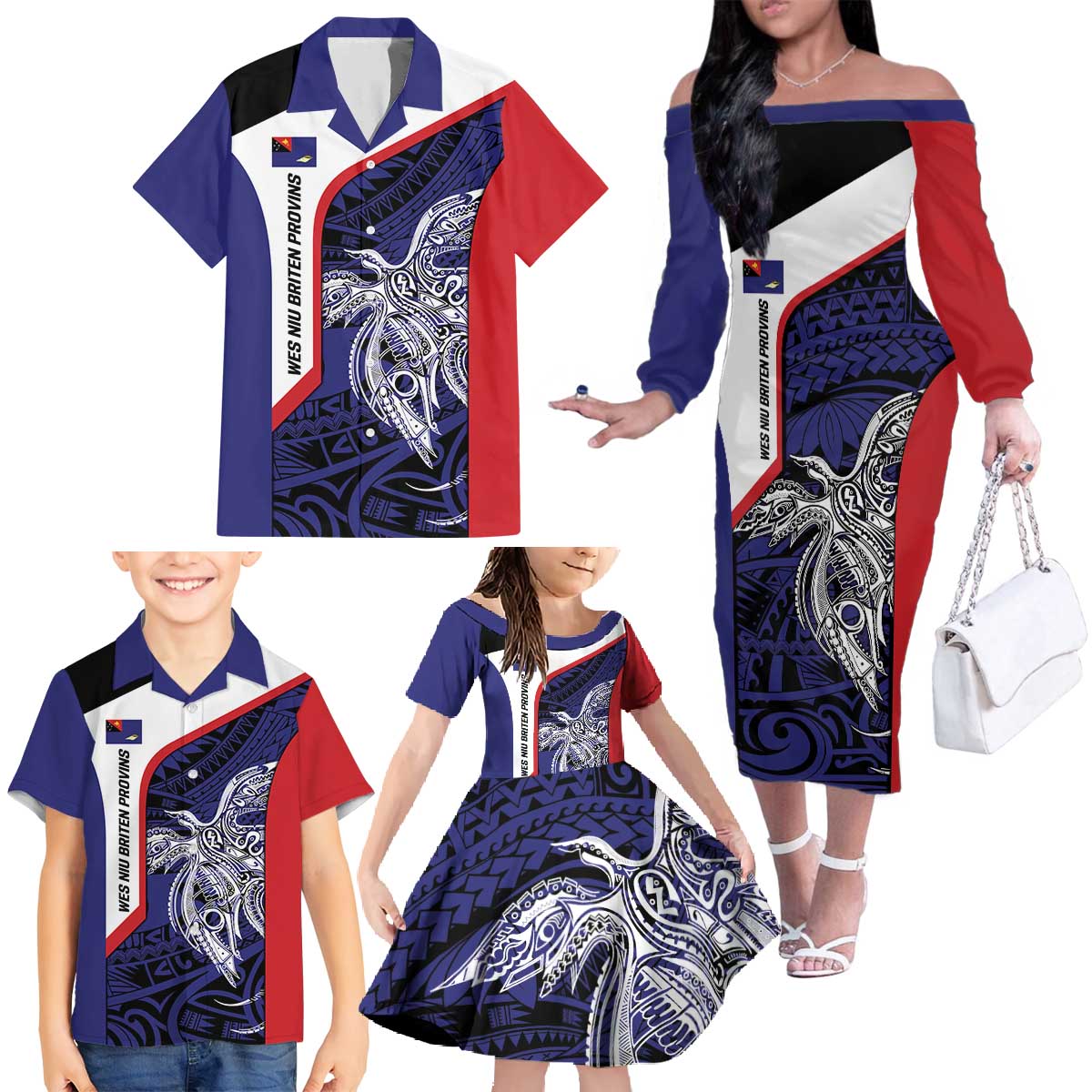 Personalised PNG West New Britain Province Family Matching Off The Shoulder Long Sleeve Dress and Hawaiian Shirt Bird of Paradise Tattoo Flag Motif - Polynesian Pride