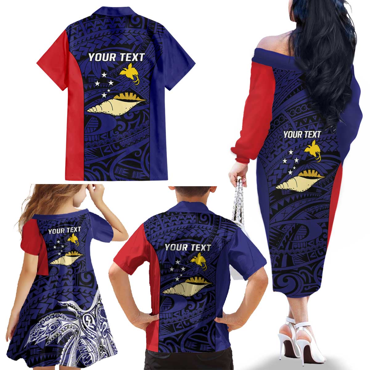 Personalised PNG West New Britain Province Family Matching Off The Shoulder Long Sleeve Dress and Hawaiian Shirt Bird of Paradise Tattoo Flag Motif LT9 - Polynesian Pride