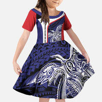 Personalised PNG West New Britain Province Family Matching Off Shoulder Maxi Dress and Hawaiian Shirt Bird of Paradise Tattoo Flag Motif LT9 Daughter's Dress Blue - Polynesian Pride