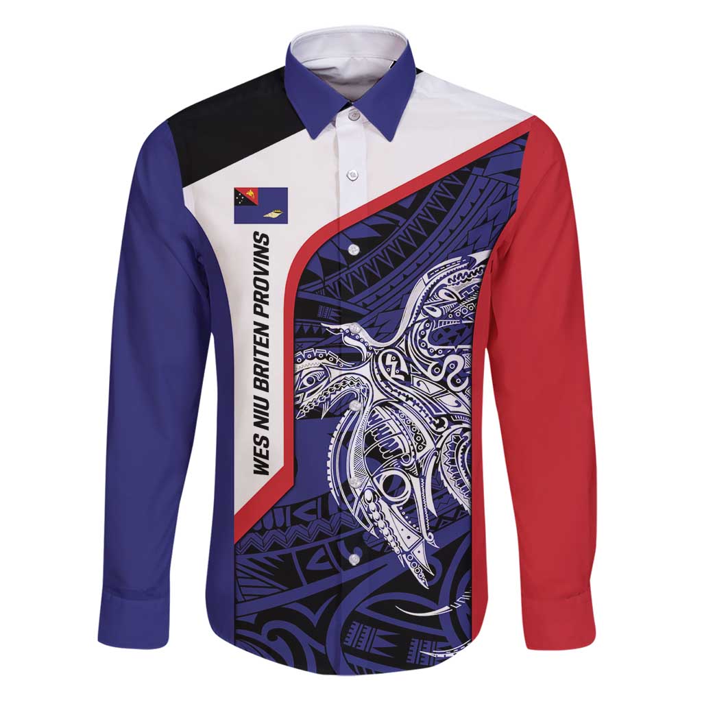 Personalised PNG West New Britain Province Family Matching Puletasi and Hawaiian Shirt Bird of Paradise Tattoo Flag Motif LT9 Dad's Shirt - Long Sleeve Blue - Polynesian Pride