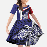 Personalised PNG West New Britain Province Family Matching Summer Maxi Dress and Hawaiian Shirt Bird of Paradise Tattoo Flag Motif LT9 Daughter's Dress Blue - Polynesian Pride