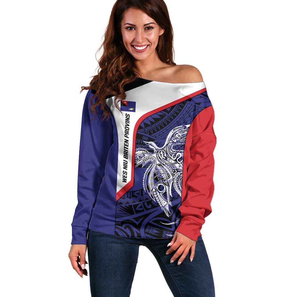 Personalised PNG West New Britain Province Off Shoulder Sweater Bird of Paradise Tattoo Flag Motif - Polynesian Pride