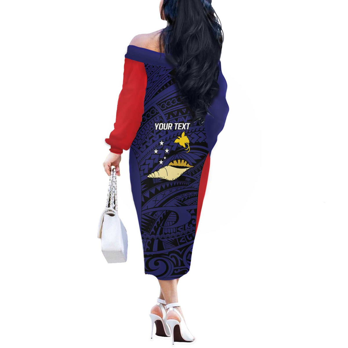 Personalised PNG West New Britain Province Off The Shoulder Long Sleeve Dress Bird of Paradise Tattoo Flag Motif LT9 - Polynesian Pride