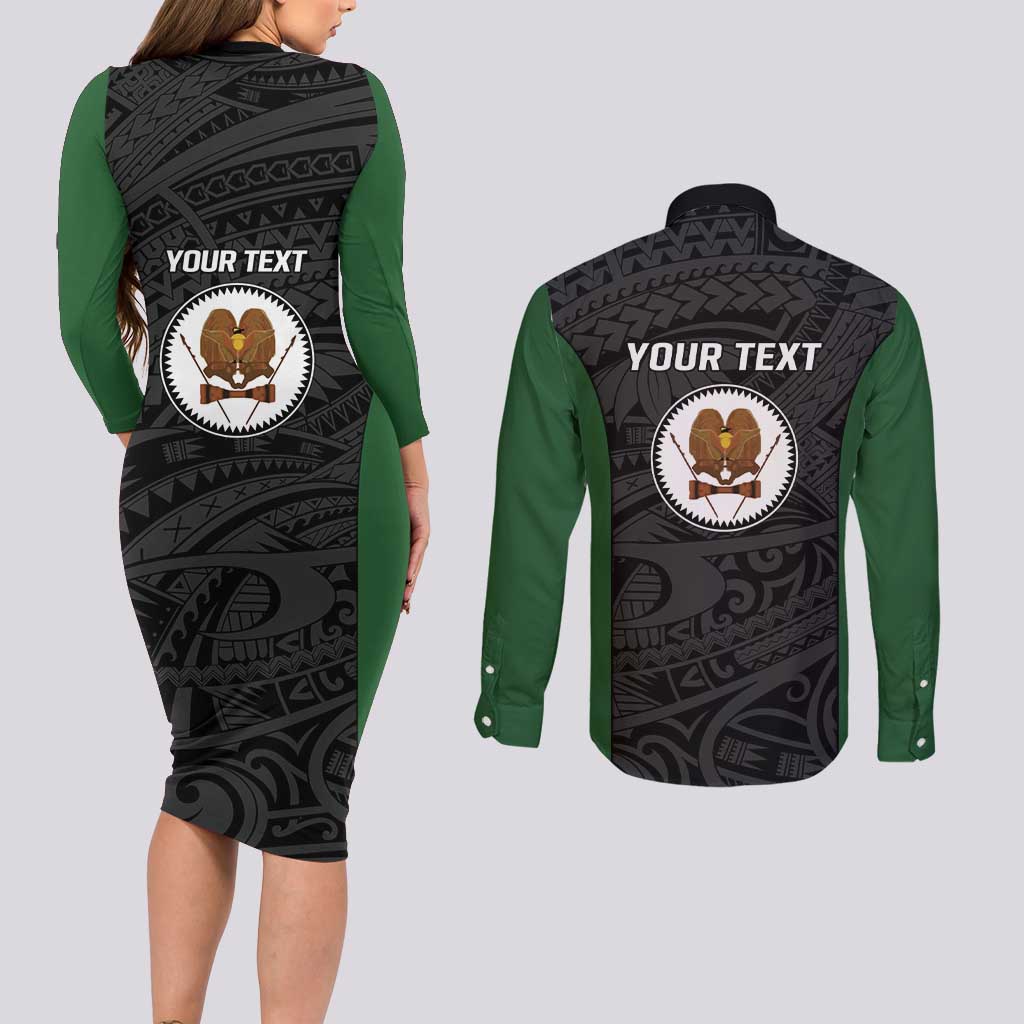 Personalised PNG Western Highlands Province Couples Matching Long Sleeve Bodycon Dress and Long Sleeve Button Shirt Bird of Paradise Tattoo Flag Motif LT9 - Polynesian Pride