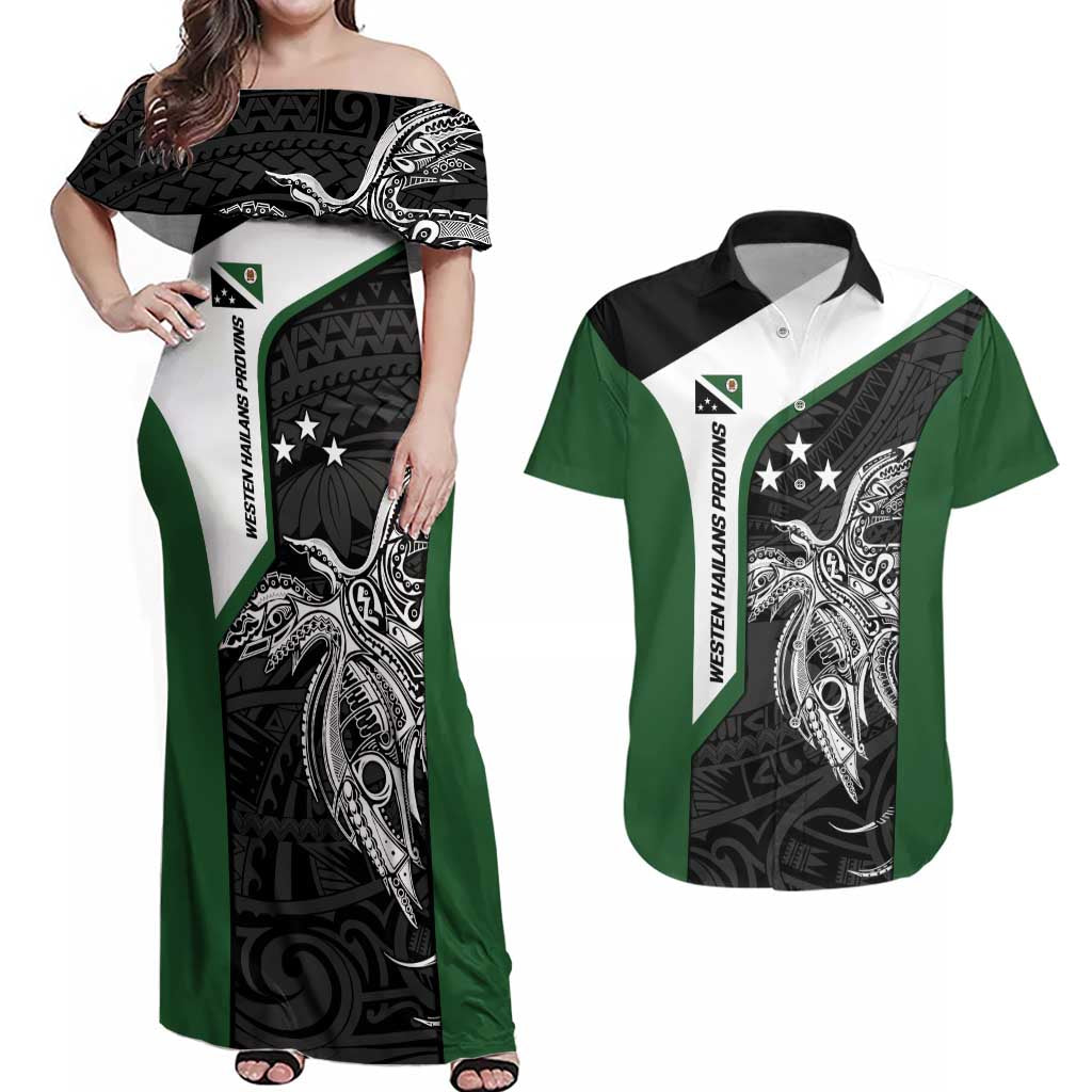 Personalised PNG Western Highlands Province Couples Matching Off Shoulder Maxi Dress and Hawaiian Shirt Bird of Paradise Tattoo Flag Motif LT9 Green - Polynesian Pride