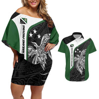 Personalised PNG Western Highlands Province Couples Matching Off Shoulder Short Dress and Hawaiian Shirt Bird of Paradise Tattoo Flag Motif LT9 Green - Polynesian Pride
