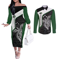 Personalised PNG Western Highlands Province Couples Matching Off The Shoulder Long Sleeve Dress and Long Sleeve Button Shirt Bird of Paradise Tattoo Flag Motif LT9 Green - Polynesian Pride