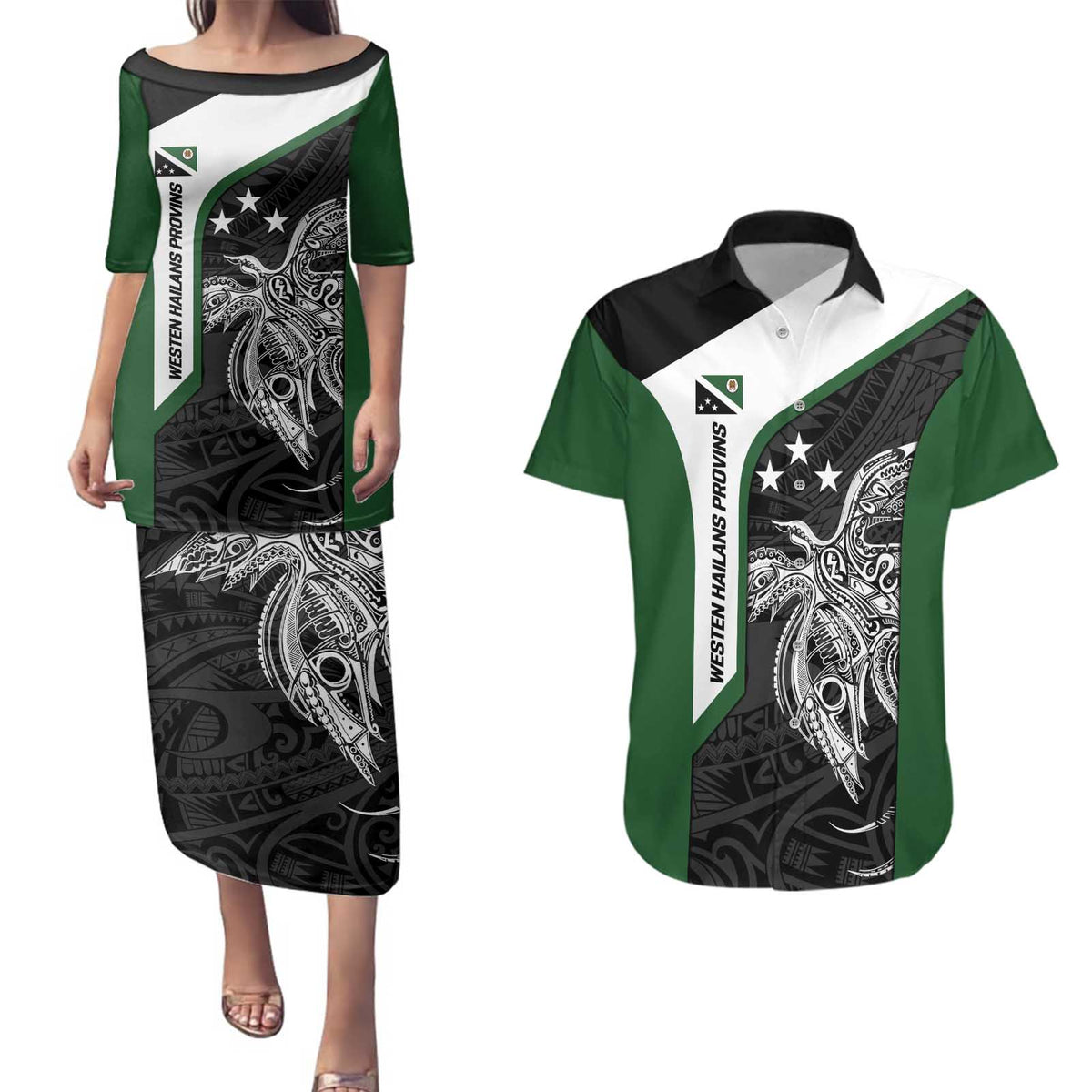 Personalised PNG Western Highlands Province Couples Matching Puletasi and Hawaiian Shirt Bird of Paradise Tattoo Flag Motif LT9 Green - Polynesian Pride