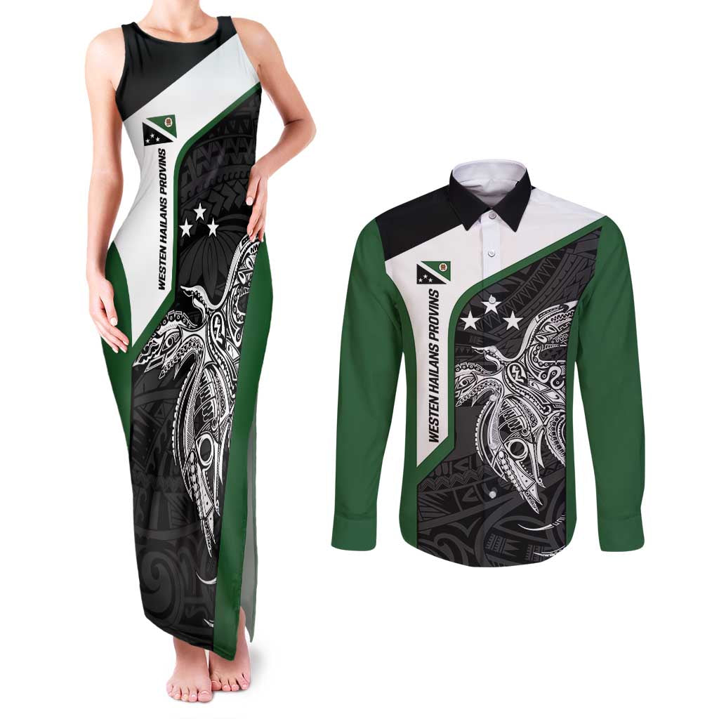 Personalised PNG Western Highlands Province Couples Matching Tank Maxi Dress and Long Sleeve Button Shirt Bird of Paradise Tattoo Flag Motif - Polynesian Pride