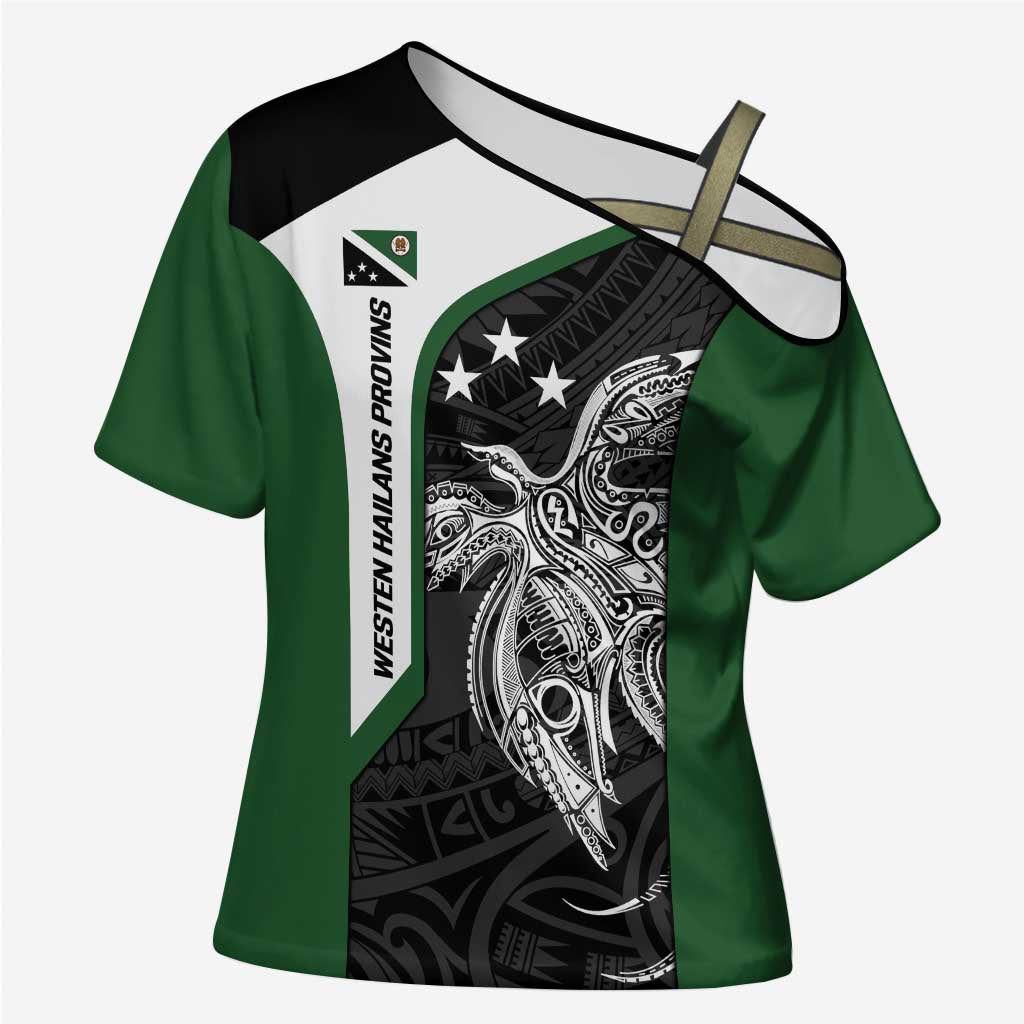 Personalised PNG Western Highlands Province Cross Shoulder Shirt Bird of Paradise Tattoo Flag Motif LT9 Female Green - Polynesian Pride